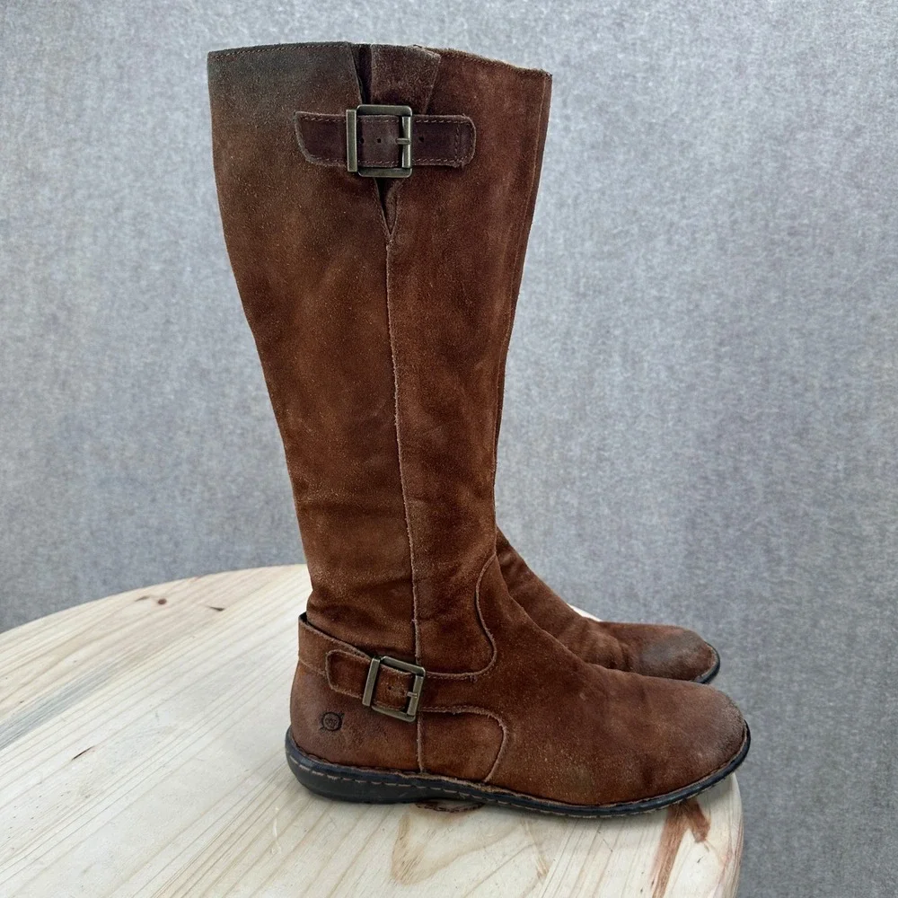 Born Joly Tall Suede Boots Womens 9.5 Brown Double Buckle Strap Knee High Zip